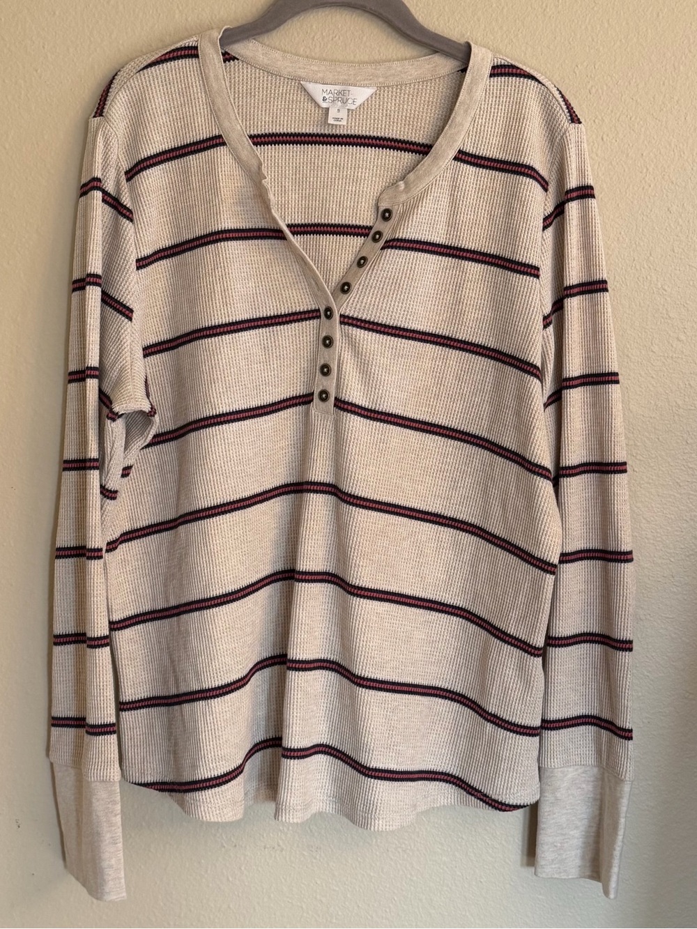 Market & Spruce Cream Waffle Henley with Navy and Burgundy Stripes